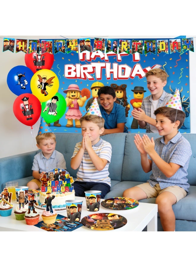 ILovhaprty Roblox Birthday Party Decorations for 10 Guests, 112pcs Roblox Party Tableware Set - Roblox Party Backdrop Balloon Banner Tablecloth Cake Toppers etc Roblox Party Decoration Supplies - Image 5