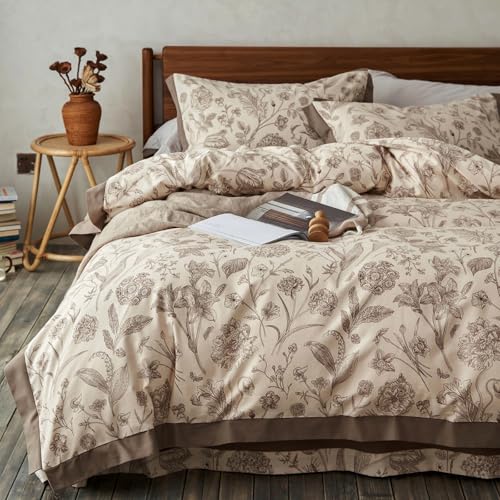 TodaFre 100 Cotton Botanical Duvet Cover King Size Reversible Floral Bedding Set Soft Breathable Brushed Cotton Vintage Cottagecore Neutral Duvet Cover with Zipper All Season Brown 104x90 - Image 1