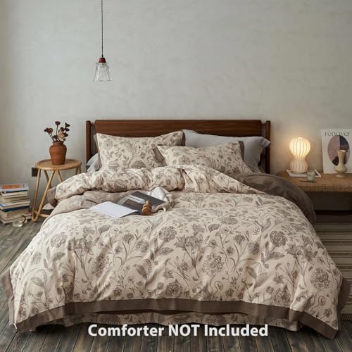 TodaFre 100 Cotton Botanical Duvet Cover King Size Reversible Floral Bedding Set Soft Breathable Brushed Cotton Vintage Cottagecore Neutral Duvet Cover with Zipper All Season Brown 104x90 - Image 3