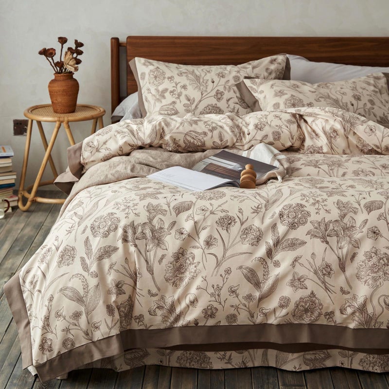 TodaFre 100 Cotton Botanical Duvet Cover King Size Reversible Floral Bedding Set Soft Breathable Brushed Cotton Vintage Cottagecore Neutral Duvet Cover with Zipper All Season Brown 104x90 - Image 2