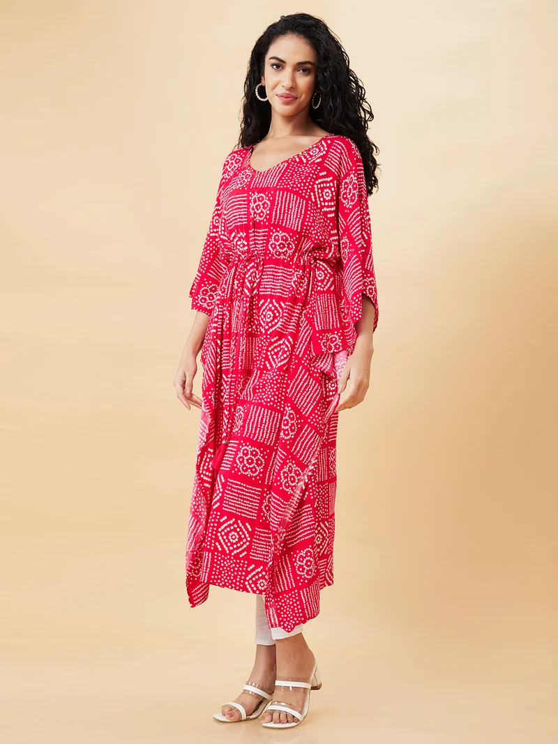 globus Women Pink & White Bandhani Printed V-Neck Sequined Kaftan Kurta