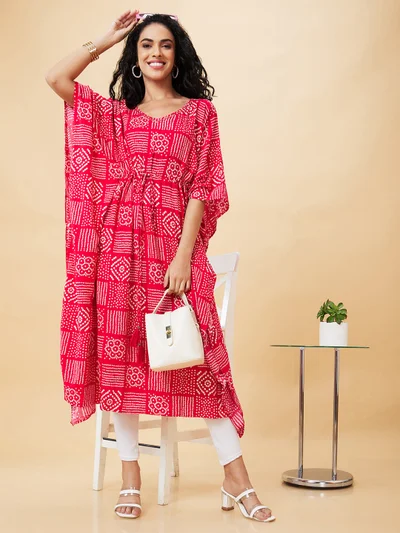 globus Women Pink & White Bandhani Printed V-Neck Sequined Kaftan Kurta