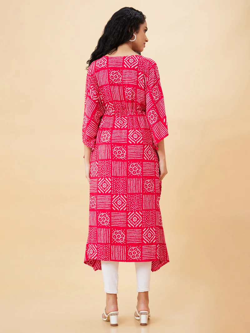 globus Women Pink & White Bandhani Printed V-Neck Sequined Kaftan Kurta