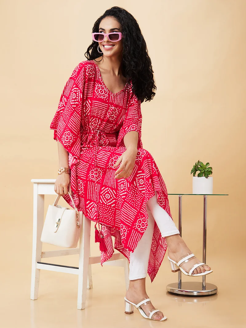 globus Women Pink & White Bandhani Printed V-Neck Sequined Kaftan Kurta