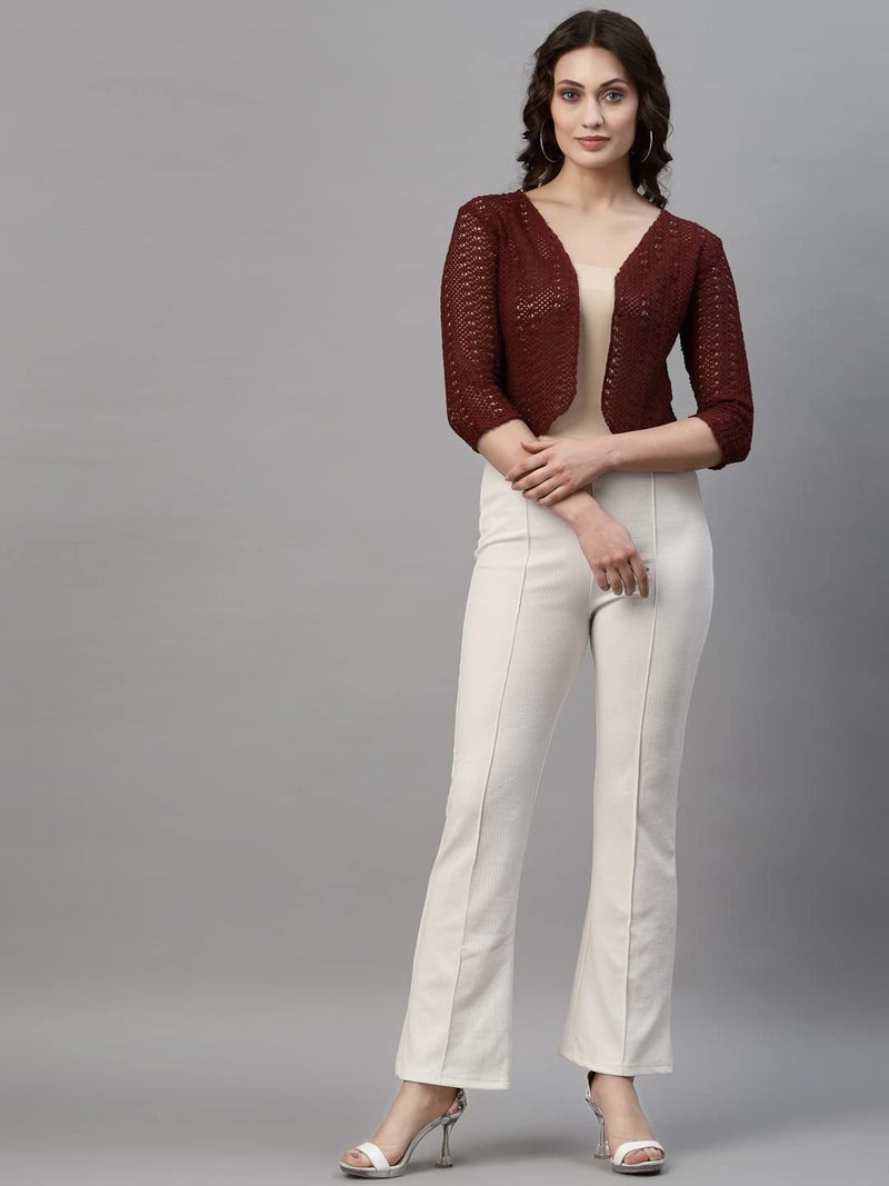 Style Quotient Women Maroon Cotton self Design lace Crop Open Front Shrug - Image 5