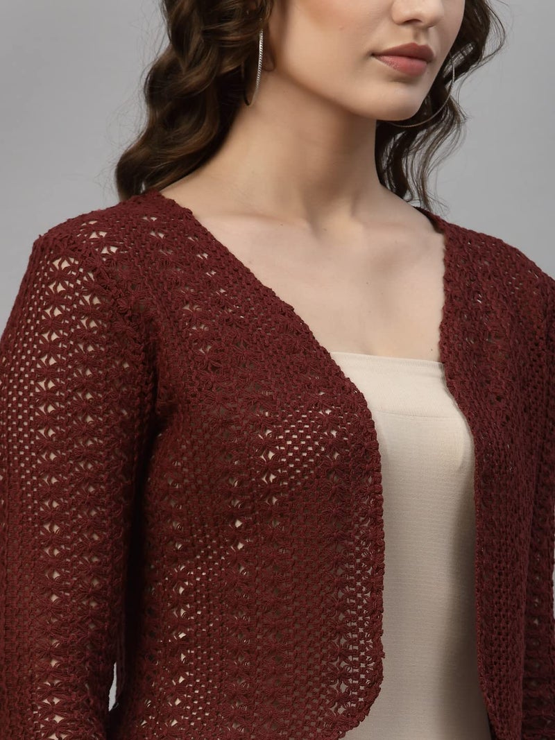 Style Quotient Women Maroon Cotton self Design lace Crop Open Front Shrug - Image 2
