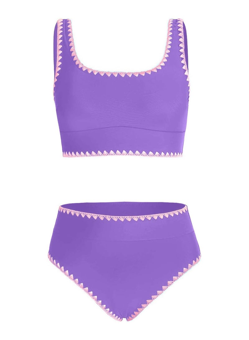 blibean Tween Girl Swimsuits Little Kids Girls Summer Swim Bathing Suits Teen Fashion Two Piece Bikini Boho Hawaii Swimwear Beach Sets Traje BaÃ±o NiÃ±as Size 8-9 Year Old Purple - Image 1