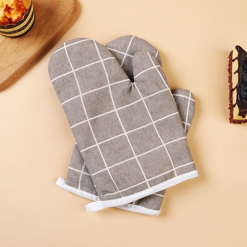 Cotton Linen Oven Mitts Heat Resistant Gloves GRAY CHECK 