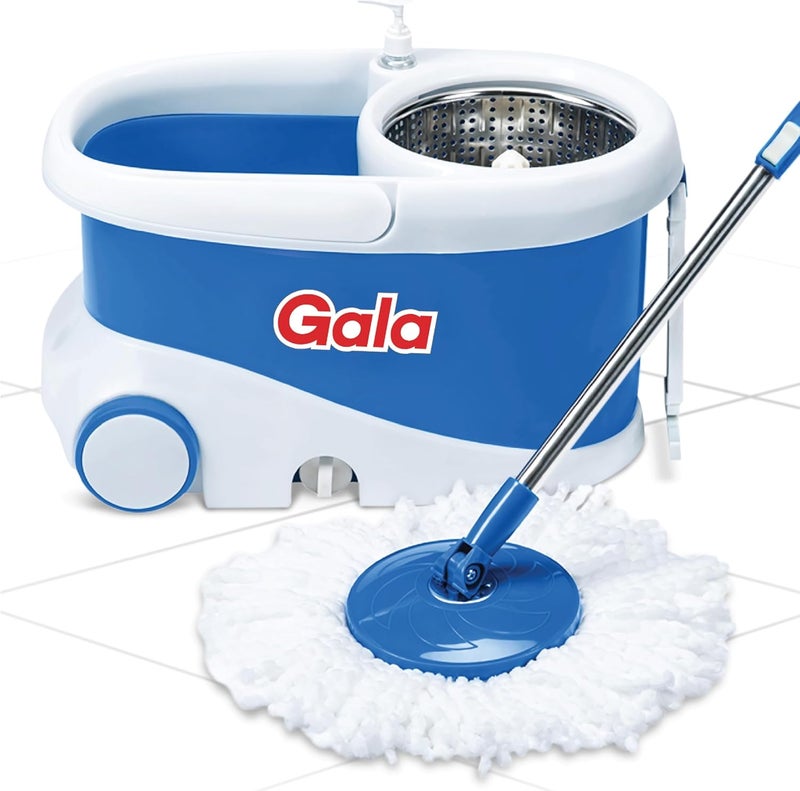 Gala Jet Spin Mop, Steel Winger & Big Wheels, 2 Microfiber Refills, Floor Cleaning Mop Stick with Bucket, pocha for Floor Cleaning, Mopping Set (White and Blue) - Image 1