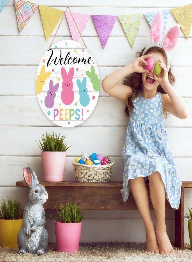 Fairooth Easter Wooden Door Sign Welcome Peeps Door Wreath for Front Doors Hanger Cute Bunny Rabbit Wood Welcome Hanging Signs for Spring Easter Party Home Farmhouse Indoor Outdoor Porch Wall Decorations - Image 5
