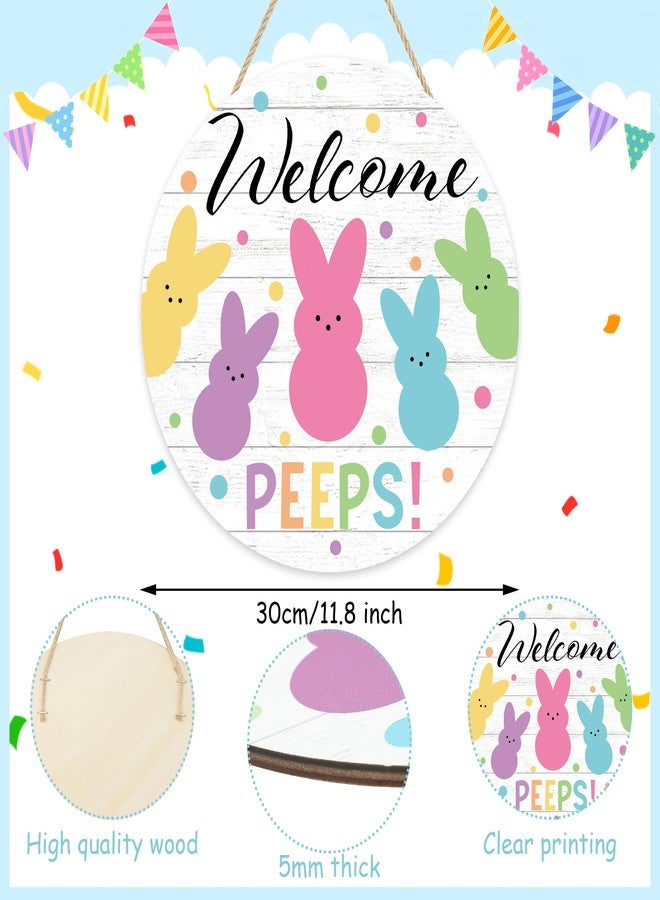 Fairooth Easter Wooden Door Sign Welcome Peeps Door Wreath for Front Doors Hanger Cute Bunny Rabbit Wood Welcome Hanging Signs for Spring Easter Party Home Farmhouse Indoor Outdoor Porch Wall Decorations - Image 2