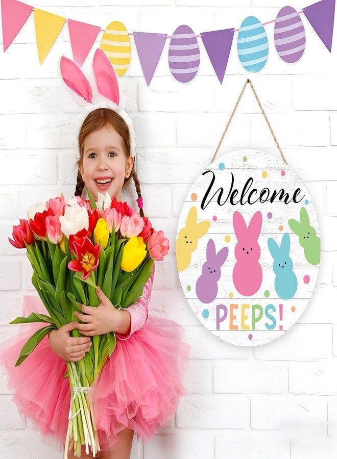 Fairooth Easter Wooden Door Sign Welcome Peeps Door Wreath for Front Doors Hanger Cute Bunny Rabbit Wood Welcome Hanging Signs for Spring Easter Party Home Farmhouse Indoor Outdoor Porch Wall Decorations - Image 3