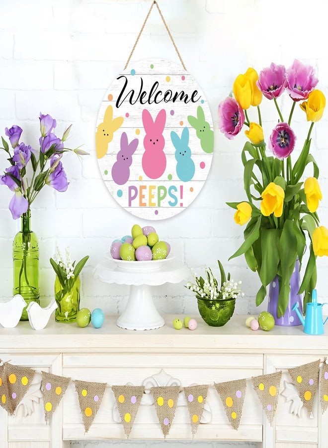 Fairooth Easter Wooden Door Sign Welcome Peeps Door Wreath for Front Doors Hanger Cute Bunny Rabbit Wood Welcome Hanging Signs for Spring Easter Party Home Farmhouse Indoor Outdoor Porch Wall Decorations - Image 4