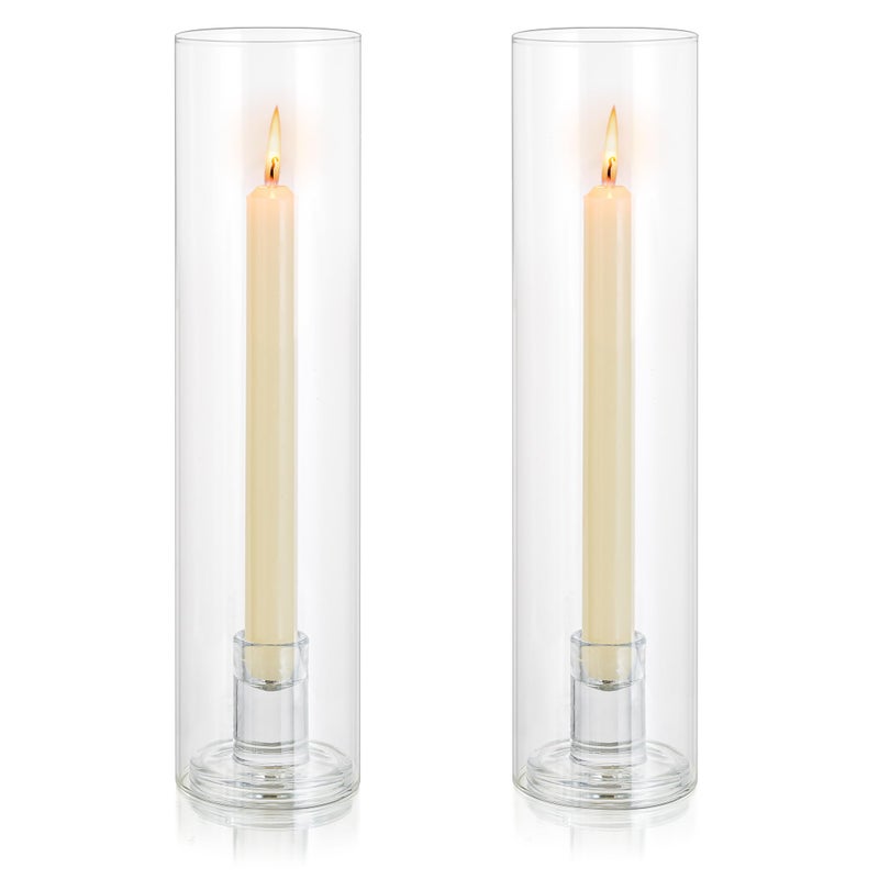 Inweder Glass Hurricane Candle Holder 118 Tall Candlestick Holder with Cylinder Windproof Cover Clear Taper Candle Holders for Wedding Party Birthday Christmas Home Decor Set of 2