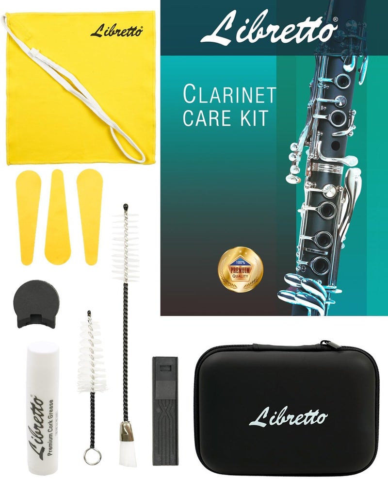 Libretto All-Inclusive Clarinet Care Kit with EVA Case – Cleaning Tools, Cork Grease, Thumb Rest, Cloth, Pad Dryers, and Brushes - Image 1