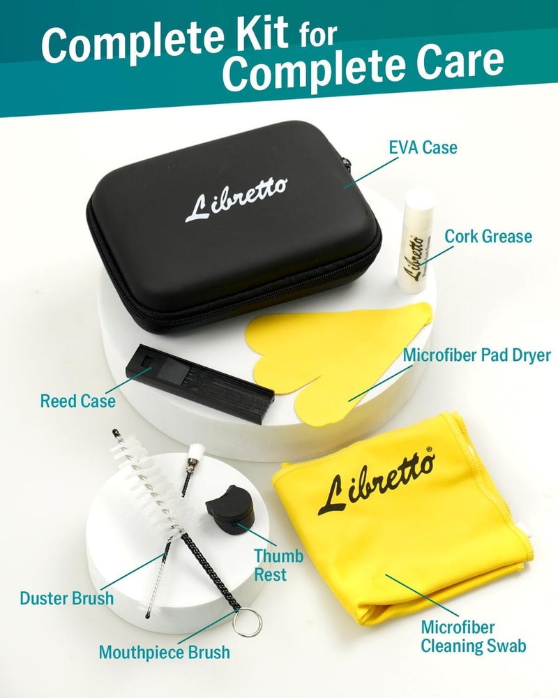Libretto All-Inclusive Clarinet Care Kit with EVA Case – Cleaning Tools, Cork Grease, Thumb Rest, Cloth, Pad Dryers, and Brushes - Image 3