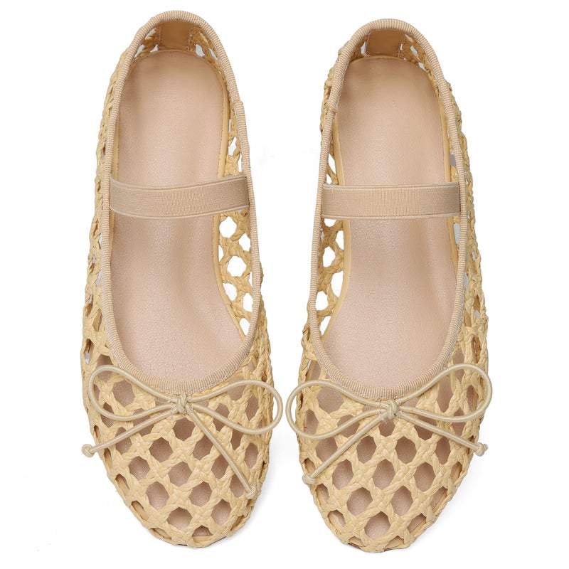 AMINUGAL Apricot Raffia Ballet Flats Women's Dressy Comfortable Woven Straw Flats with Elastic Strap Mesh Bows Raffia Mary Jane Flats Size 8 - Image 4