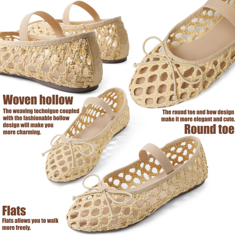 AMINUGAL Apricot Raffia Ballet Flats Women's Dressy Comfortable Woven Straw Flats with Elastic Strap Mesh Bows Raffia Mary Jane Flats Size 8 - Image 5
