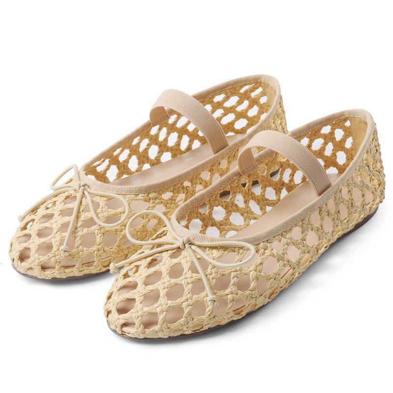 AMINUGAL Apricot Raffia Ballet Flats Women's Dressy Comfortable Woven Straw Flats with Elastic Strap Mesh Bows Raffia Mary Jane Flats Size 8 - Image 1