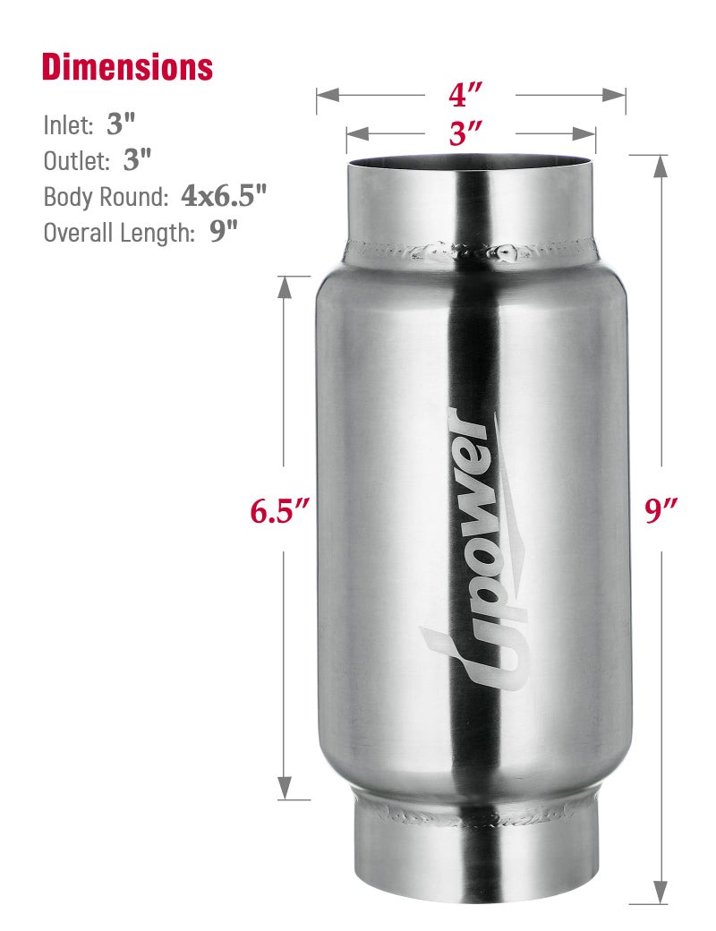 UPOWER 3" Inlet&Outlet Exhaust Resonator,9" Overall Length Center Straight Through Stainless Steel Muffler,Polished - Image 2