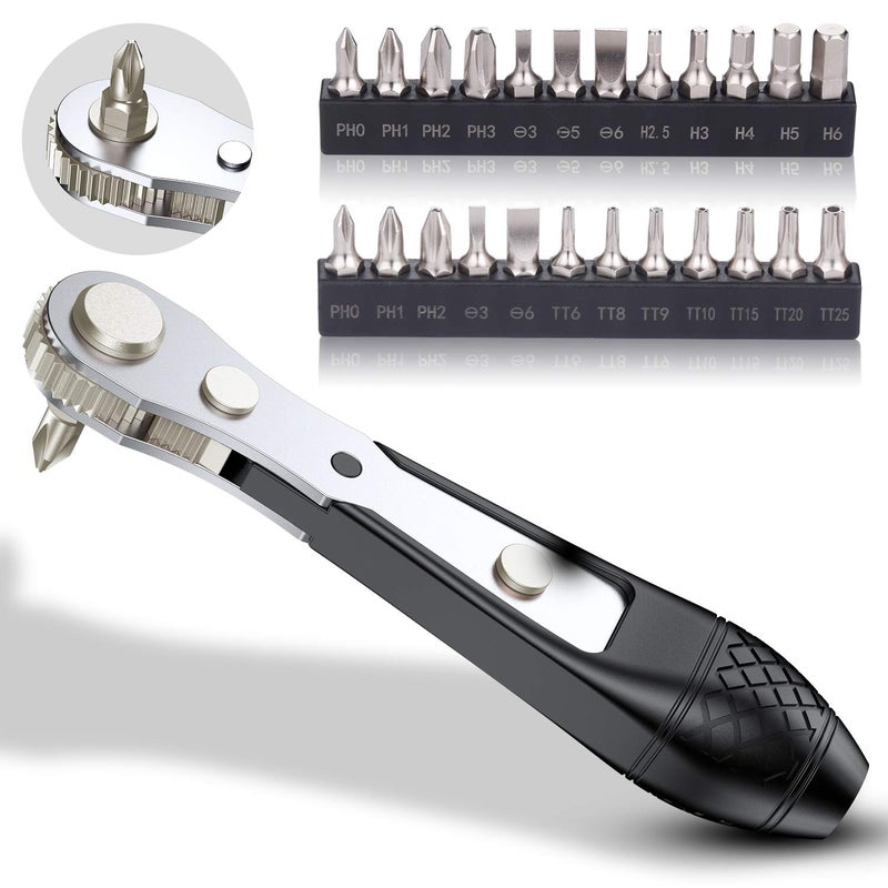 GreaTalent 25in1 S2 Steel Mini Ratchet Wrench Screwdriver Bit Set with 14 Hex Drive PhillipsSlottedHexagonTorx Bits 36Tooth Gear Magnetic Bit Holder 90 Degree Offset Reversible