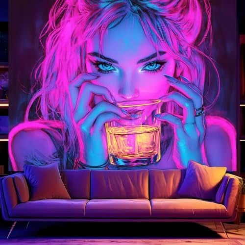 BlissYard Blacklight Tapestry Bedroom Cool Cute Girl Anime Wall Tapestry Aesthetic UV Reactive Purple Tapestries Glow In The Dark Art Wall Hanging Poster Room Bedroom Party Backdrop Decor 78x59 Inch - Image 1