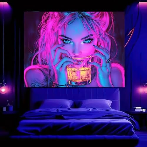 BlissYard Blacklight Tapestry Bedroom Cool Cute Girl Anime Wall Tapestry Aesthetic UV Reactive Purple Tapestries Glow In The Dark Art Wall Hanging Poster Room Bedroom Party Backdrop Decor 78x59 Inch - Image 4