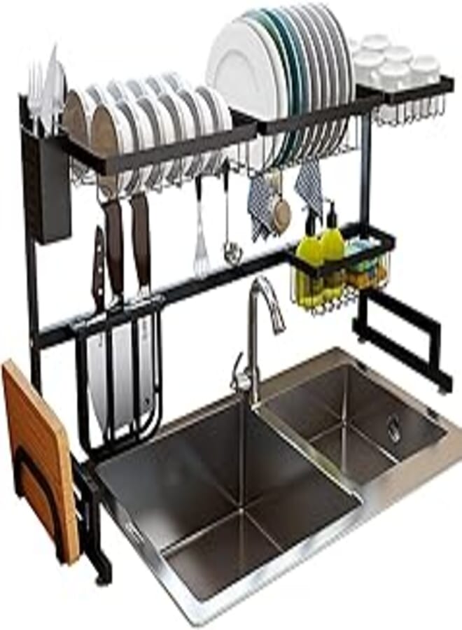 Arabest Dish Rack Kitchen Organizer Rack - Dish Drying Rack Kitchen Sink Drain Storage Rack Stainless Steel Counter Organizer, Width Adjustable 2-layer Tableware Kitchen Storage (black)