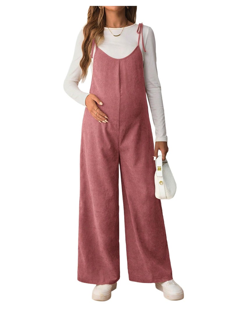 OYOANGLE Women's Maternity Wide Leg Overalls U Neck Spaghetti Strap Pregnancy Jumpsuits Dusty Pink Large - Image 1