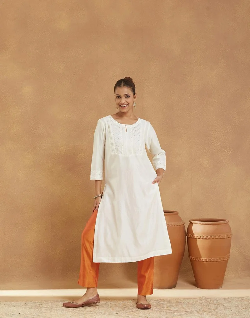 Fabindia Natural Cotton Silk Embroidered Long Kurta