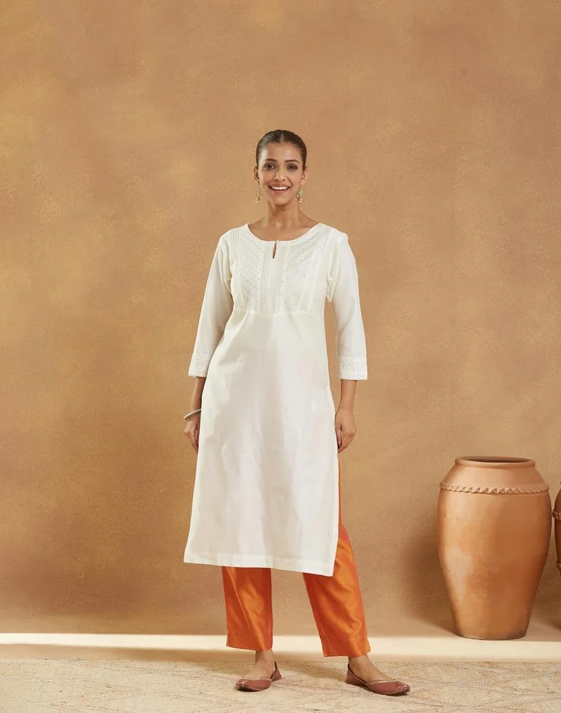 Fabindia Natural Cotton Silk Embroidered Long Kurta