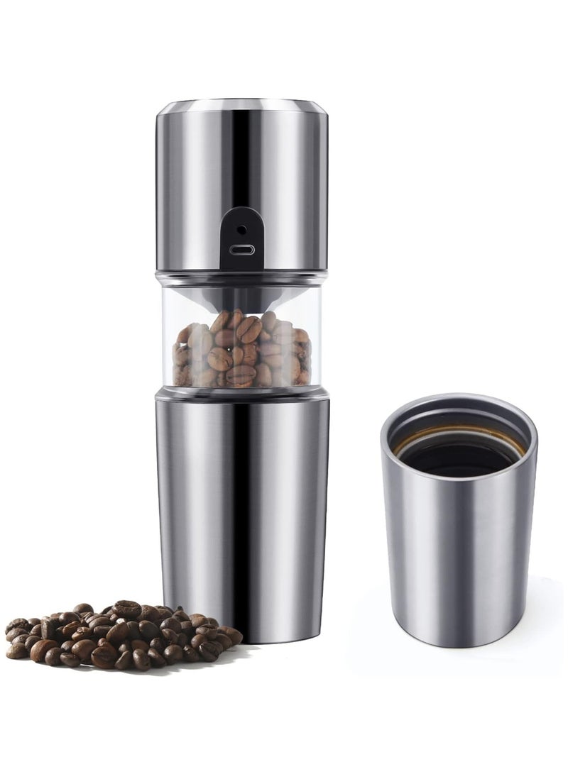 عام مطحنة قهوة كهربائية، صانعة قهوة محمولة لكوب واحد مع كوب سفر معزول، مطحنة حبوب قهوة مدمجة مع إعدادات طحن متعددة وفلاتر للسفر/التخييم/الإسبريسو/التحضير بالتنقيط/التصفية - Image 1