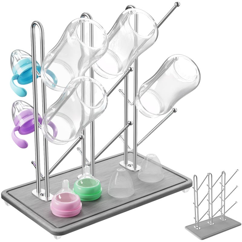 NiHome Baby Bottle Drying Rack with Diatomite Base & Stainless Steel Frame, Foldable Countertop Organizer Holds 9 Bottles, Space-Saving Stand for Water Bottles, Lids, Reusable Bags & More - Image 1
