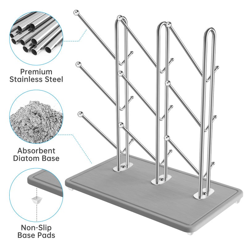 NiHome Baby Bottle Drying Rack with Diatomite Base & Stainless Steel Frame, Foldable Countertop Organizer Holds 9 Bottles, Space-Saving Stand for Water Bottles, Lids, Reusable Bags & More - Image 2