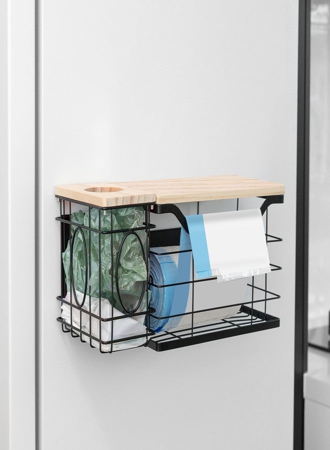 CINPIUK Magnetic Trash Bag Holder & Grocery Bag Dispenser, 2-in-1 Kitchen Laundry Organizers with Wooden Top, Space Saving Garbage Dispenser Roll Container for Fridge/Washer - Image 1