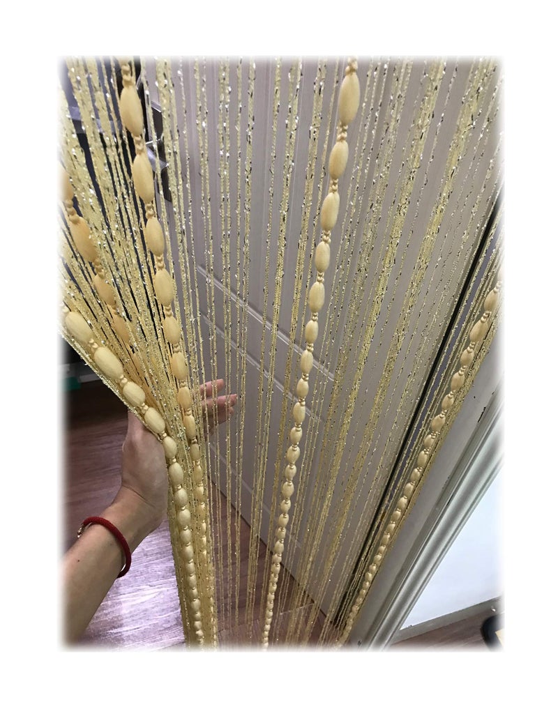 Eyotool Door String Curtain Flat Silver Ribbon Thread with Shaggy Tassel Room Divider, 39’’x79’’ (Beige-style2) - Image 1