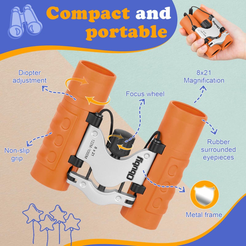 OBUBY Real Binoculars for Kids Gifts for 3-12 Years Boys Girls 8x21 High-Resolution Optics Mini Compact Binocular Toys Shockproof Folding Small Telescope for Bird Watching,Travel, Camping, Orange - Image 5