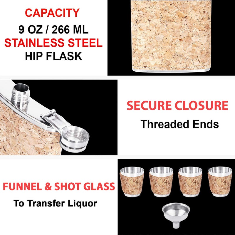 Jonquin Stainless Steel Hip Flask with Funnel & 4 Shot Glass for Men & Women, 9 oz (266 ml) Wine Whiskey Vodka Alcohol Drinks Pocket Bottle Beverage Holder (AR3025) - Image 5