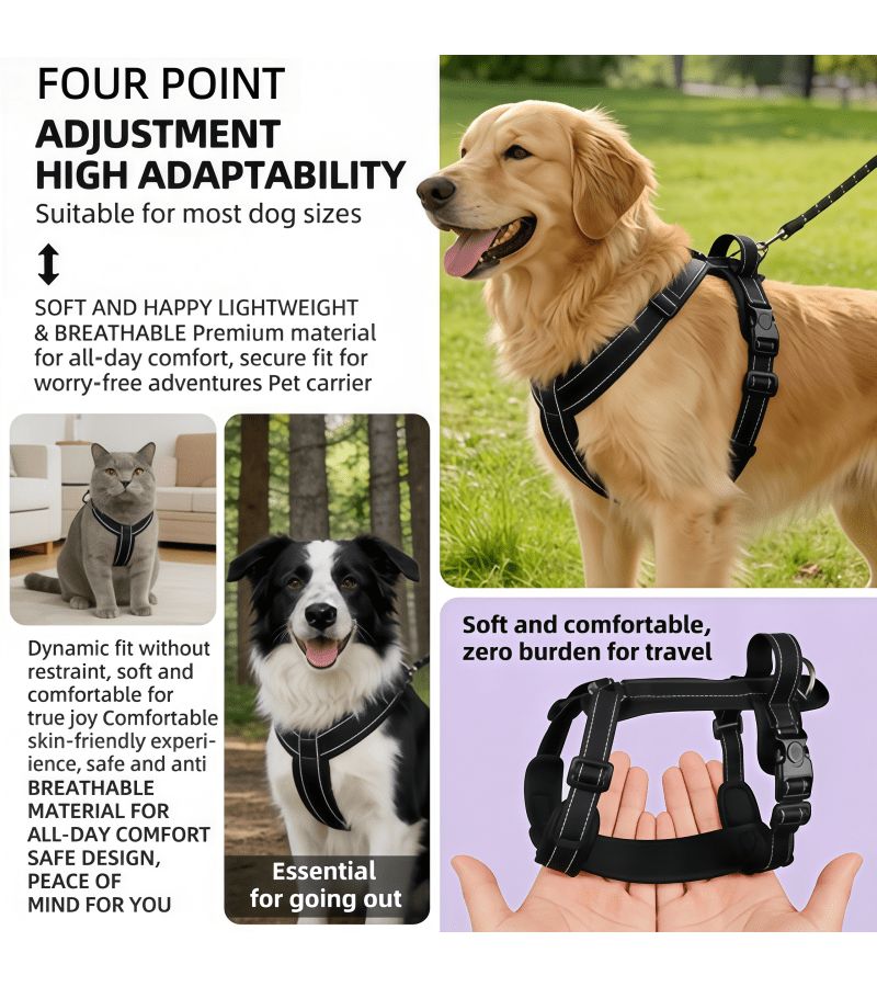 H Shaped Reflective Dog Harness For Large Dogs Adjustable No Pull Design With Padded Vest Secure Double Lock Buckle For Night Walks And Daily Use Black Size XL - Image 3