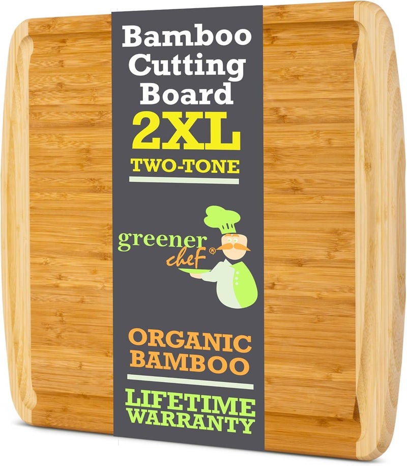 GREENER CHEF 24 Inch Bamboo Cutting Board with Lifetime Replacement  2XL Extra Large Wooden Butcher Block for Kitchen Stove Top Meat Vegetables and Charcuterie with Deep Juice Grooves