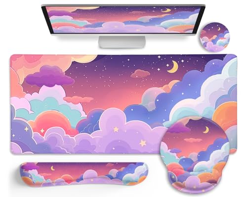 LIMKRIAN Purple Mouse Pad Large Desk Mat Set Kawaii Clouds Ergonomic Mouse Pad with Wrist Rest Keyboard Wrist Support XXL Mousepad Cup Coaster Set Cute Purple Office Desk Accessories Decor Supplies - Image 1