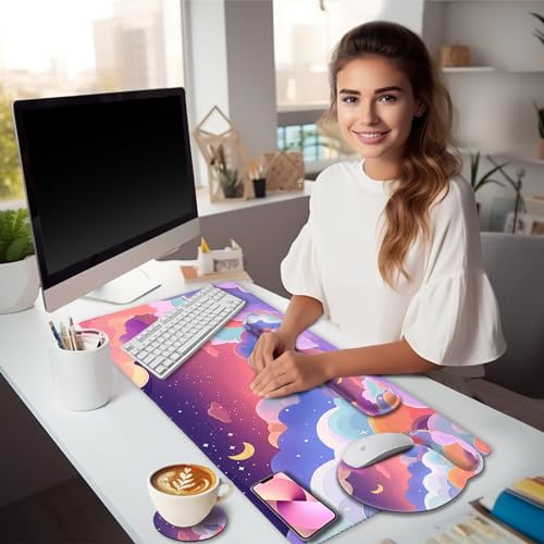 LIMKRIAN Purple Mouse Pad Large Desk Mat Set Kawaii Clouds Ergonomic Mouse Pad with Wrist Rest Keyboard Wrist Support XXL Mousepad Cup Coaster Set Cute Purple Office Desk Accessories Decor Supplies - Image 3