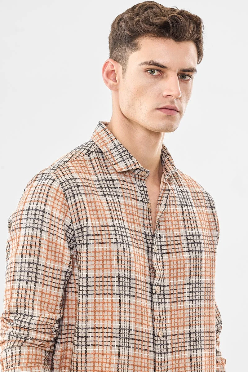 SNITCH Beige Checkered Long Sleeve Regular Fit Shirt