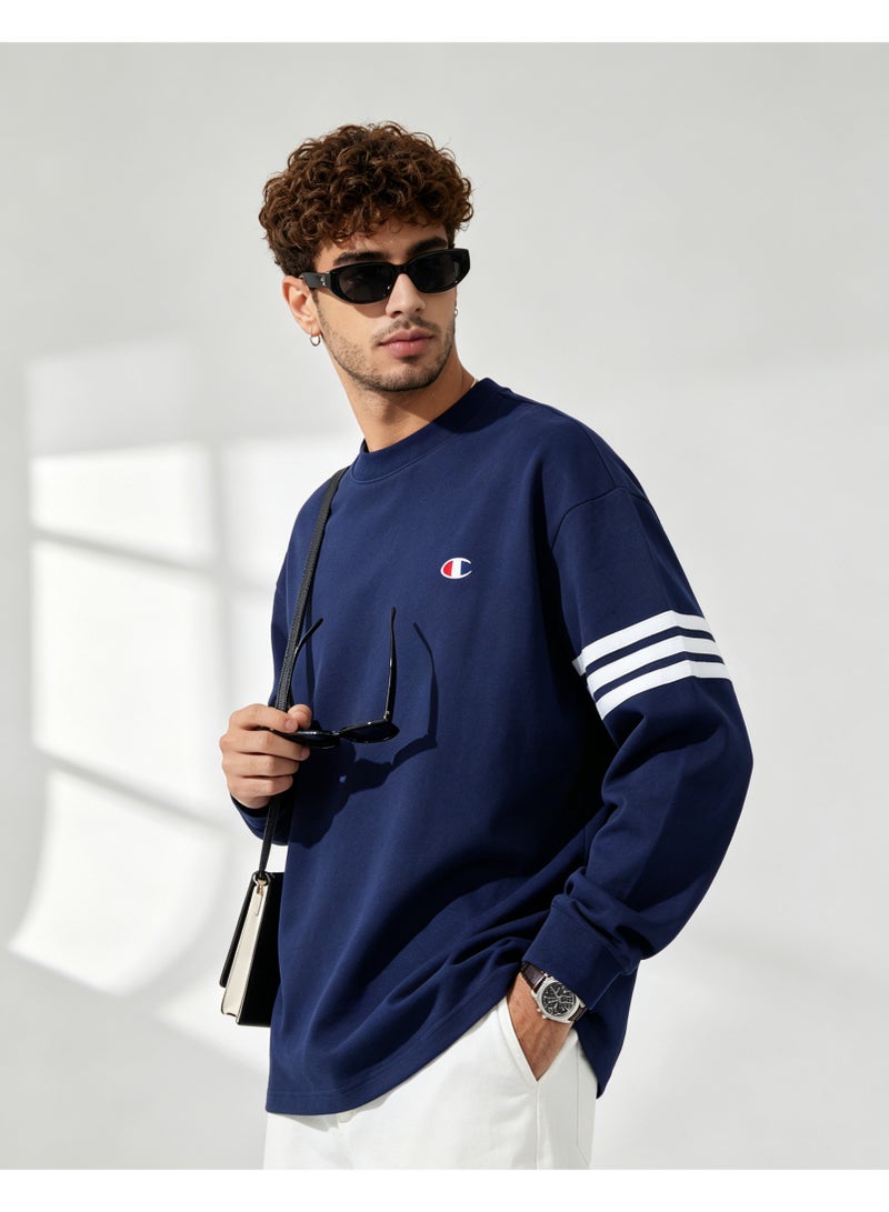 Champion Men's & Women's Casual Long Sleeve Crew Neck Sweatshirt, Loose Fit Daily Wear Top Navy Blue - Image 2