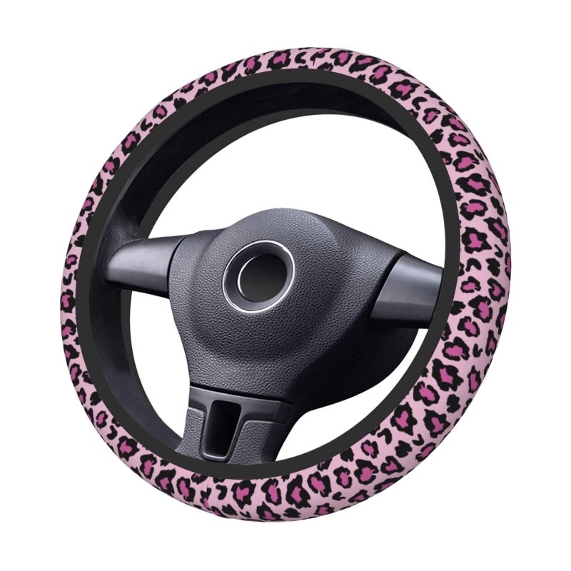 KARREAL Pink Leopard Print Elastic Steering Wheel Cover, Non-Slip Breathable Neoprene Steering Wheel Covers, Women Pink Car Accessories, Universal 15 Inch Fit Auto, Suvs, Truck - Image 2