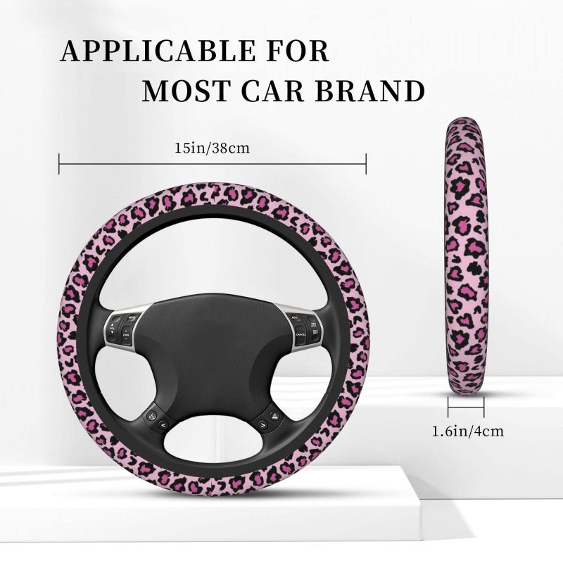 KARREAL Pink Leopard Print Elastic Steering Wheel Cover, Non-Slip Breathable Neoprene Steering Wheel Covers, Women Pink Car Accessories, Universal 15 Inch Fit Auto, Suvs, Truck - Image 4