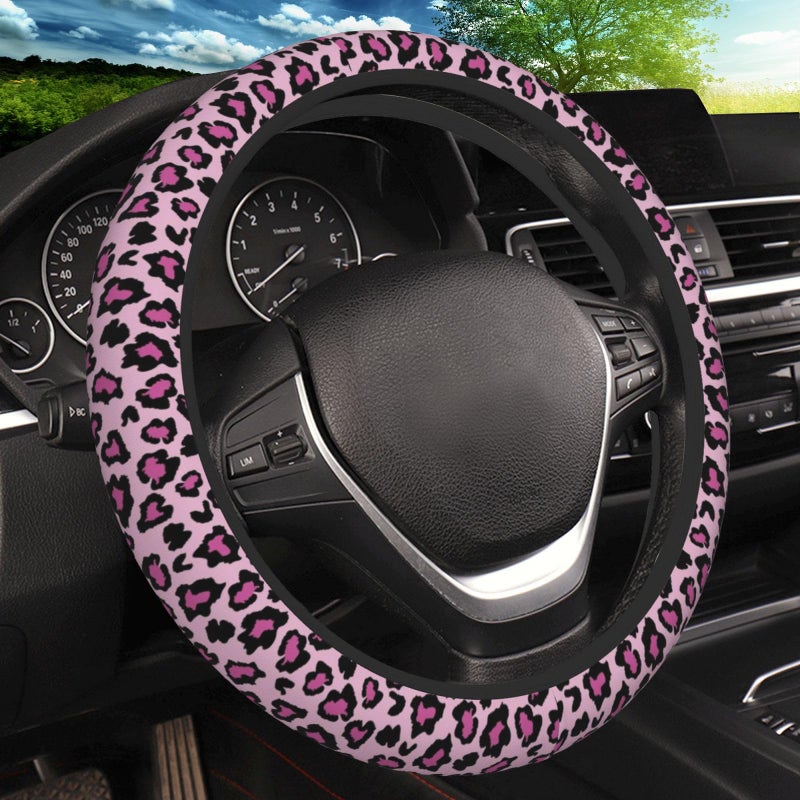 KARREAL Pink Leopard Print Elastic Steering Wheel Cover, Non-Slip Breathable Neoprene Steering Wheel Covers, Women Pink Car Accessories, Universal 15 Inch Fit Auto, Suvs, Truck - Image 1