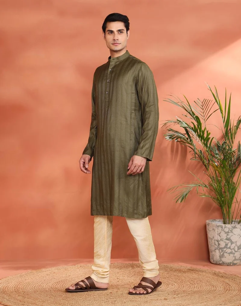 Fabindia  Green Viscose Silk Blend Long Kurta for Men | Best Price UAE