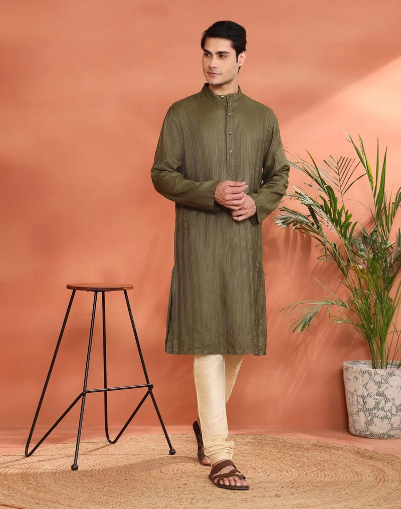 فاب انديا Green Viscose Silk Blend Long Kurta