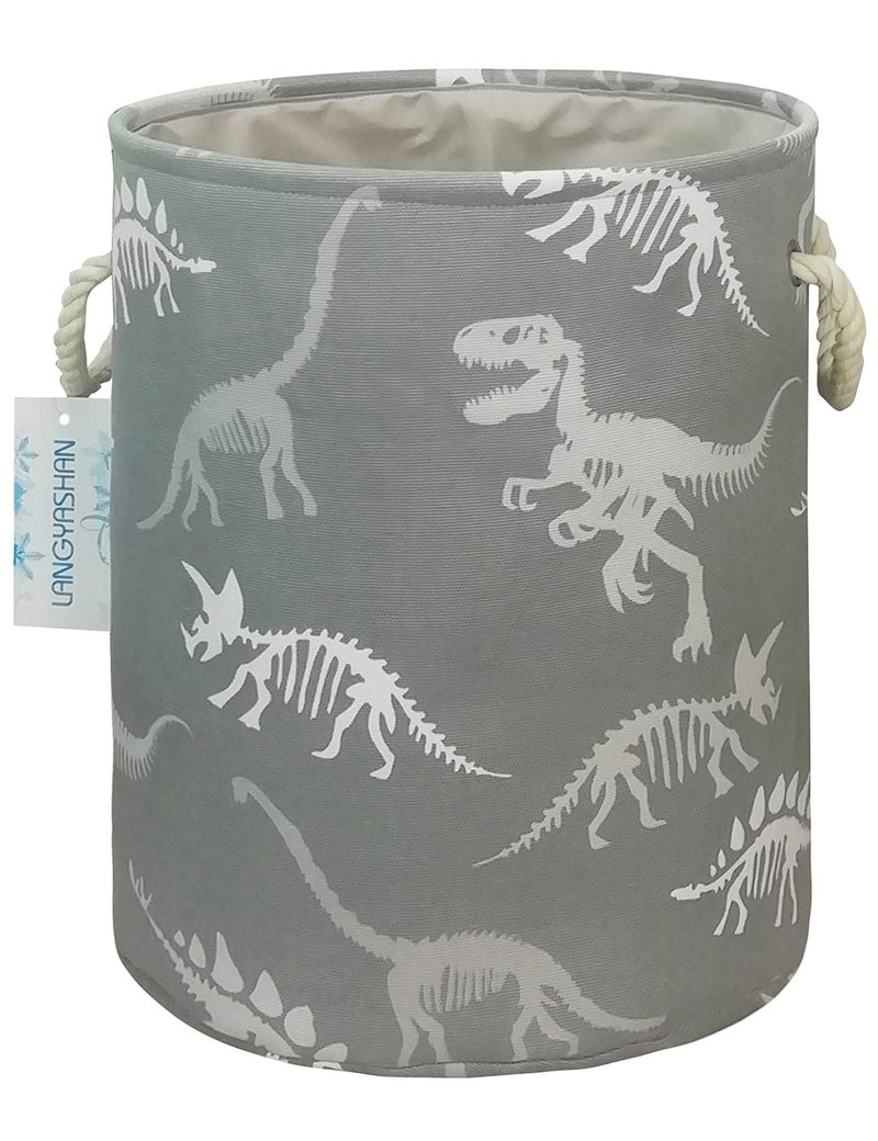LANGYASHAN Laundry Basket Canvas Collapsible Organizer Storage Basket for Boys Girls Laundry Hamper Toy Bins Gift Baskets Bedroom Clothes Children Nursery (Gray Dinosaur skeleton) - Image 1